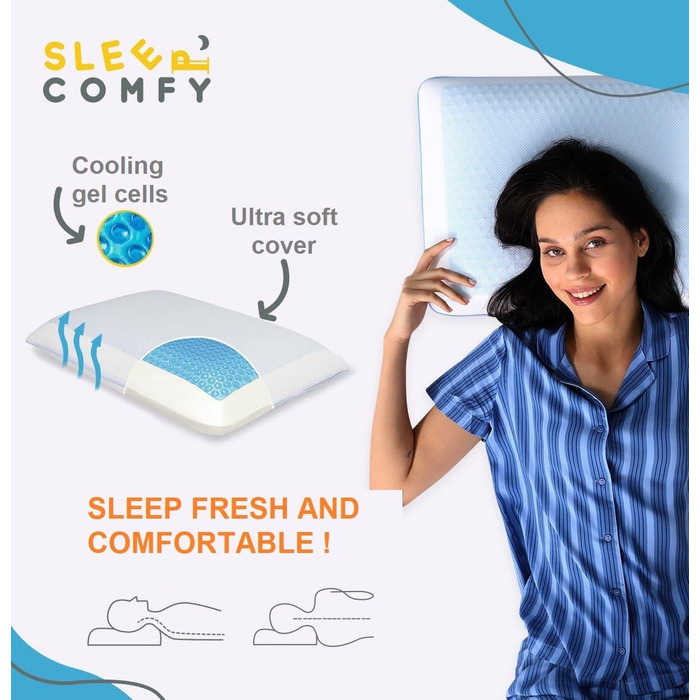Ортопедична подушка для сну Comfy Premium Gel Memory Foam з гелевим охолодженням, 60x40x14/12 см. Підтримка шиї, для тих, хто спить на боці та на спині.