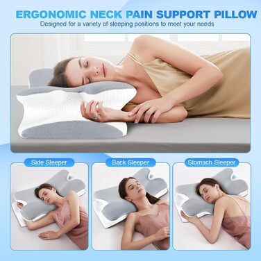 Ортопедична подушка для шиї LNZHAO з Memory Foam - для сну на боці, спині, животі - для зняття болю в шиї та плечах (сіра)