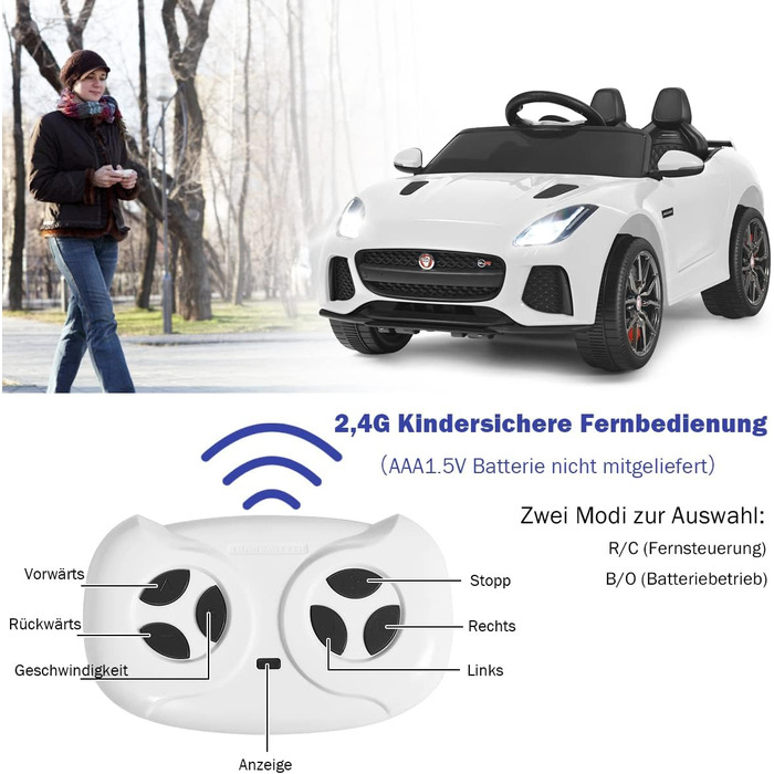Дитячий електромобіль Jaguar Costway, 12V, з пультом, музикою, фарами, білий, для дітей від 3 років