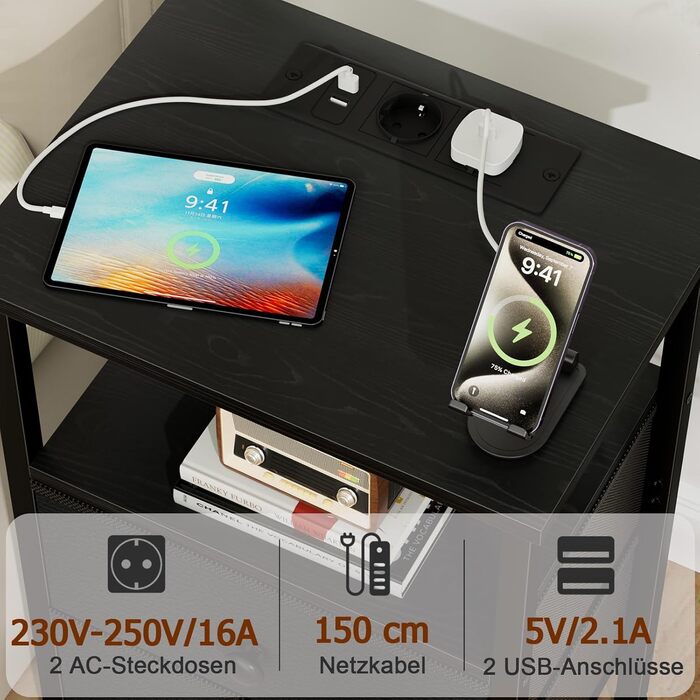 Нічний столик AMHANCIBLE з підзарядкою, приліжний столик з висувними ящиками з тканини, журнальний столик з відкритою полицею, з 2 USB-портами та 2 розетками, для спальні та вітальні, HETS020GY-1 (Чорний)