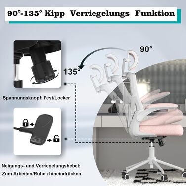 Ергономічне крісло для офісу з регульованою підголівником та поперековою підтримкою – високе офісне крісло з сітчатим спинком та м'яким сидінням, вішалка для одягу та функцією блокування (білий та рожевий)