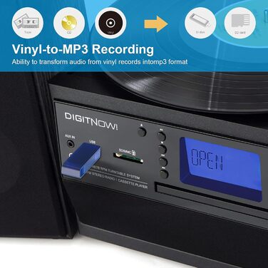 Програвач вінілу з Bluetooth, USB, функцією кодування, CD-програвачем, FM-радіо та касетою, 3 швидкості (33/45/78 об/хв), вбудовані динаміки, мультиколір
