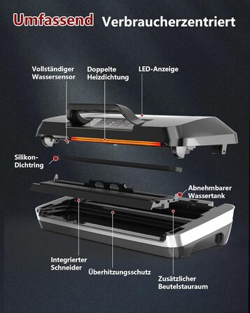 Вакууматор для продуктів 12-в-1, вакуумний пакувальник з подвійним швом, вбудованим різаком та лотком для збору рідини, 95кПа, чорний