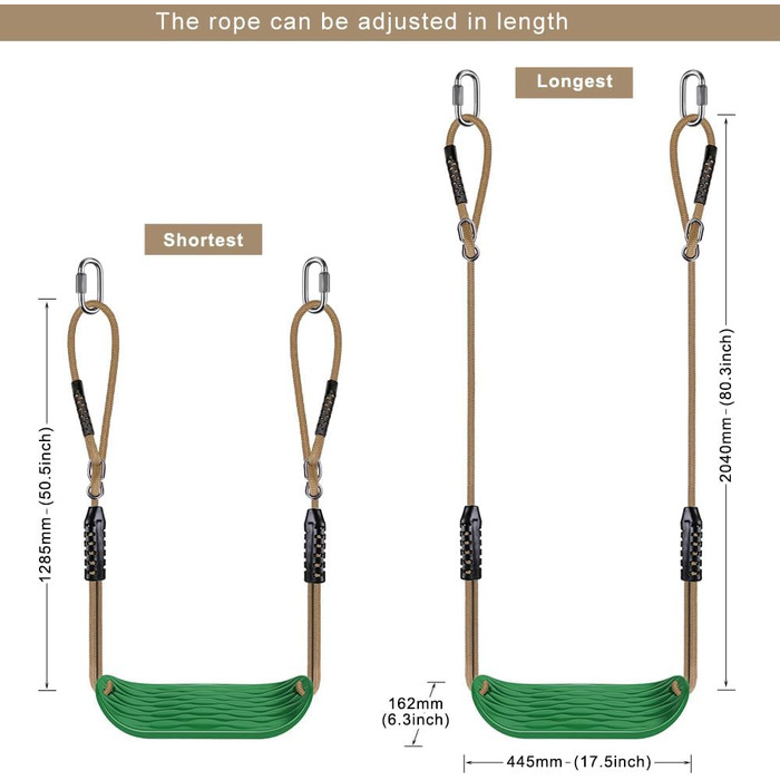 Дитяча гойдалка BeneLabel для дому та саду, міцна гума, регульоване тросове крісло, 130-200 см, для підлітків/дорослих, зелений, 113 кг