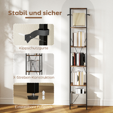 Набір з 2-х полиць, 6-ярусна книжкова полиця, сталевий каркас, для вітальні, офісу, спальні, у стилі рустік, коричневий