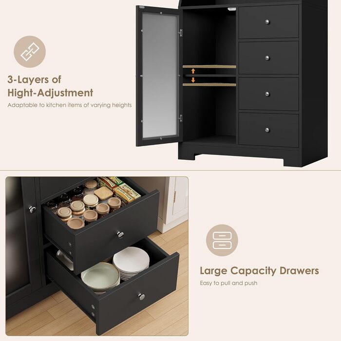 Кухонна шафа HOCSOK 163 см з робочою поверхнею, буфет, шафа для зберігання продуктів, 3 двері та 4 шухляди, висока шафа для кухні, вітальні, їдальні, бару, білий (чорний)