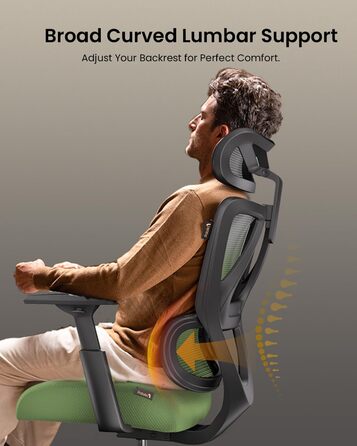 Крісло офісне ProtoArc EC100 зелене - ергономічне комп'ютерне крісло з товстим пружинним сидінням, підтримкою попереку, регульованими підлокітниками та підголівником, поворотне крісло з сітчастою спинкою для дому та офісу