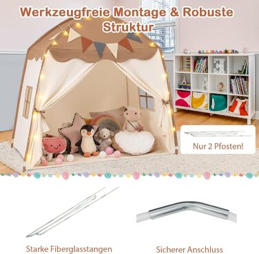 COSTWAY Ігровий будиночок для дітей, намет-палатка з прапорцями та гірляндою, намет принцеси, великий дитячий намет для хлопчиків та дівчаток від 3 років, 157 x 98 x 148 см (Коричневий)