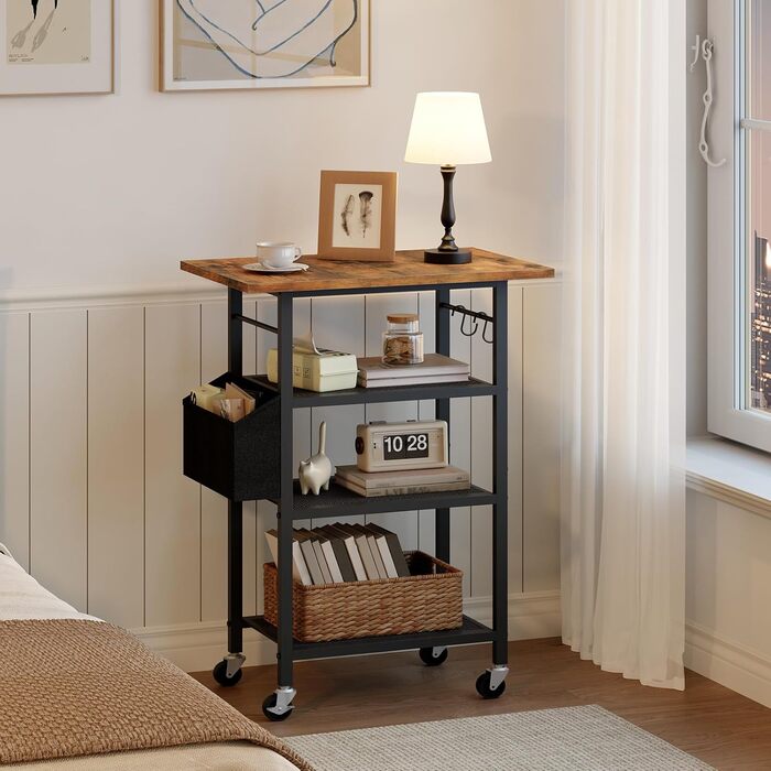 Трирівневий стіл для принтера, роликовий контейнер, стійка для принтера, полиця для зберігання, в індустріальному стилі, з бічною кишенею, дерев'яна полиця, 2 S-гачки, для домашнього офісу, рустикально-коричневий та чорний, APTHR2501 (50 x 40 x 81,5 см)