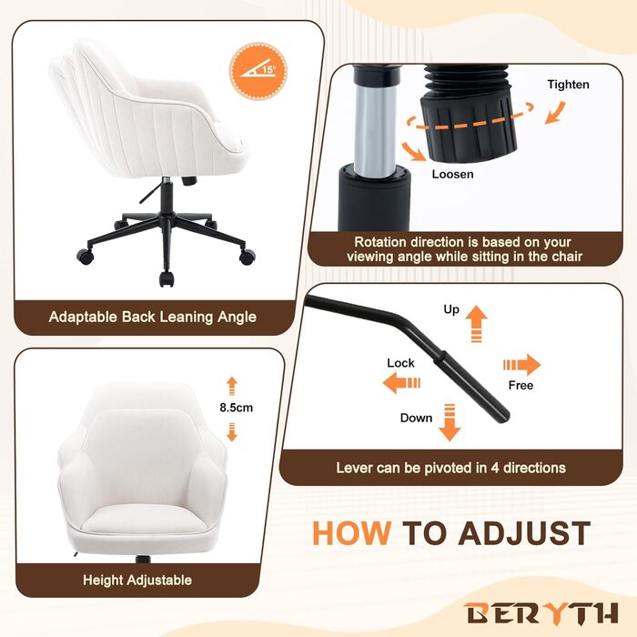 Офісне крісло BERYTH для дому та офісу, з велюру, до 136 кг, регульоване по висоті, поворотне на 360°, з м'якими роликами, для навчання, спальні, домашнього офісу, біле