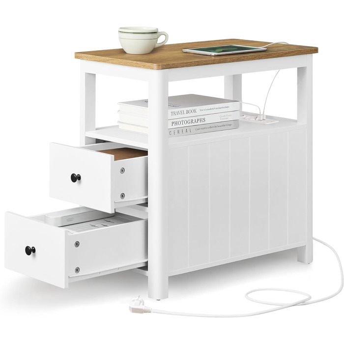 Приставний столик VASAGLE з розетками, 2 шухляди, для невеликих кімнат, стиль марина, горіхово-білий (LET327W14)