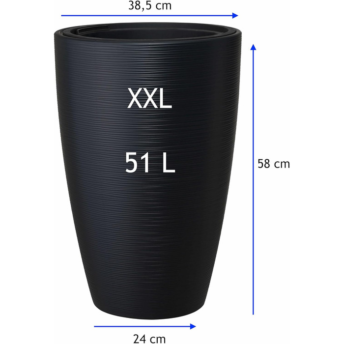 Горщик для квітів MELTOM Blumenkübel - чорний, XXL (58 см) з знімним вкладишем, горизонтальні смуги