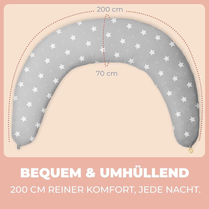 Підтримка для вагітних Stillkissen XXL 200x70см, подушка для годування та сну, балоньєра, бавовняний чохол, ергономічна, багатофункціональна, 100% бавовна, сірий колір з білими зірками