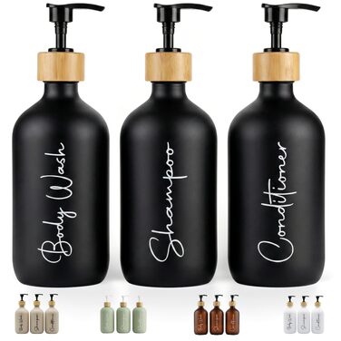 Набір дозаторів для мила в ванну кімнату, матовий чорний, 500 мл, 3 шт. для гелю та шампуню, з воронкою, елегантний та практичний