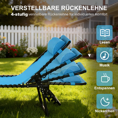 Шезлонг, розкладний, з дихаючою оббивкою, металевий каркас, 189 x 58 x 30 см, блакитний