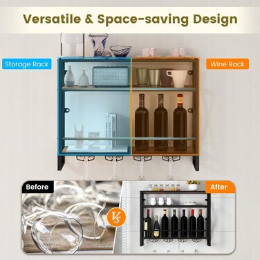 Стильна полиця для вина Komfotteu на стіну, дерев'яна з металевим каркасом, з тримачем для келихів, органайзер для пляшок, бар, кухня, вітальня (80 x 20 x 63 см)