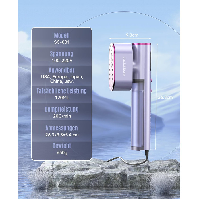 Jack & Rose Дампфглеттер: Портативний праска-парогенератор для подорожей, 1000W, 110-240V, 2-в-1, Швидкий нагрів 15с, Violet