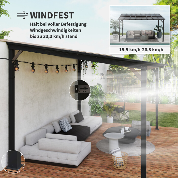 Навіс для тераси приблизно 3 x 4,3 м, окремо стоячий, з похилим дахом з полікарбонату, кріплення до стіни, темно-сірий