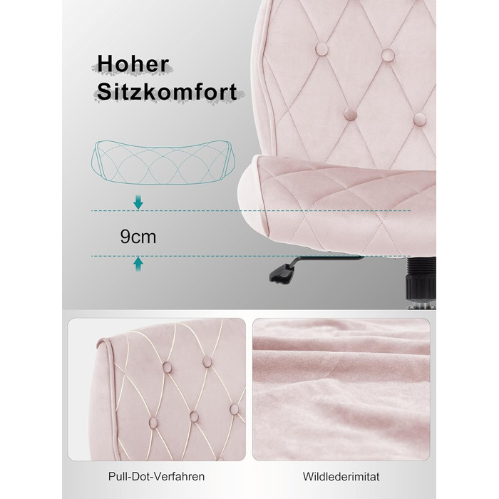 Крісло для дому та офісу Symino з функцією гойдання, крісло для макіяжу та письма, обшите штучною замшею, регульоване по висоті, 360° обертання, ергономічне, до 150 кг, велике, рожеві кнопки