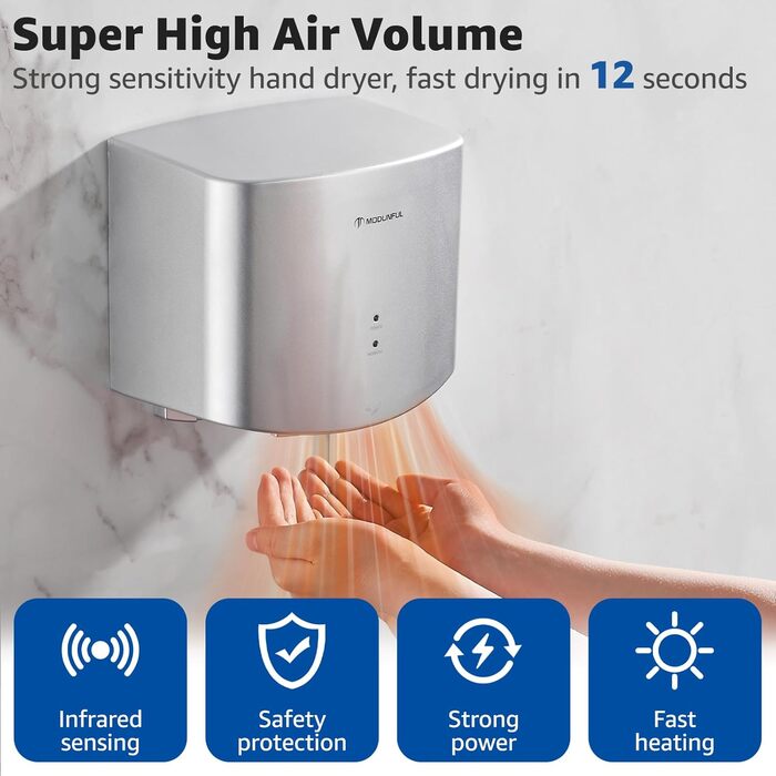 Електричний автоматичний сушар для рук, настінний, 1200W, сірий