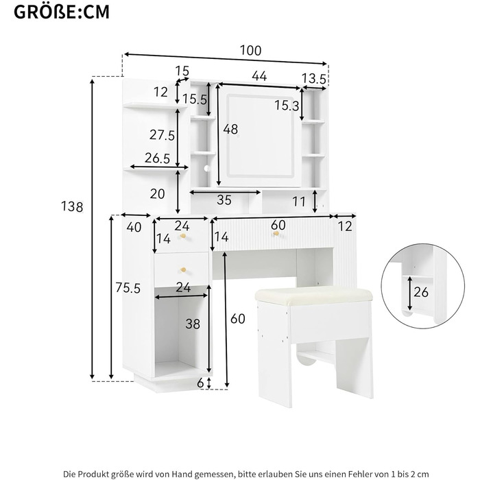 Туалетний столик Merax з дзеркалом та LED-підсвічуванням, з поличкою, 6 шухляд та золотими ручками, білий, 102x100x41.5 см (без табуретки)