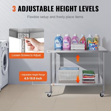 Стол з нержавіючої сталі VEVOR 90x60x85 см, з 4 колесами, регульована висота, для приготування їжі, срібний