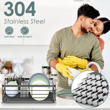 Сушарка для посуду Dreamhigh® з піддоном та контейнером для столових приборів, чорна, 43x30.5x14 см, для 3-5 осіб