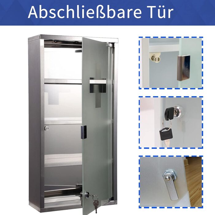 Шафа для ліків з ключем, 60x30x12 см, 4 відділення, металева, з дверцятами зі скла, включаючи 2 ключі (біла)