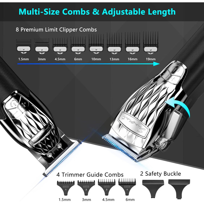 Професійний набір машинок для стрижки волосся та бороди, бездротовий, 5 швидкостей, РК-дисплей і T-подібне лезо