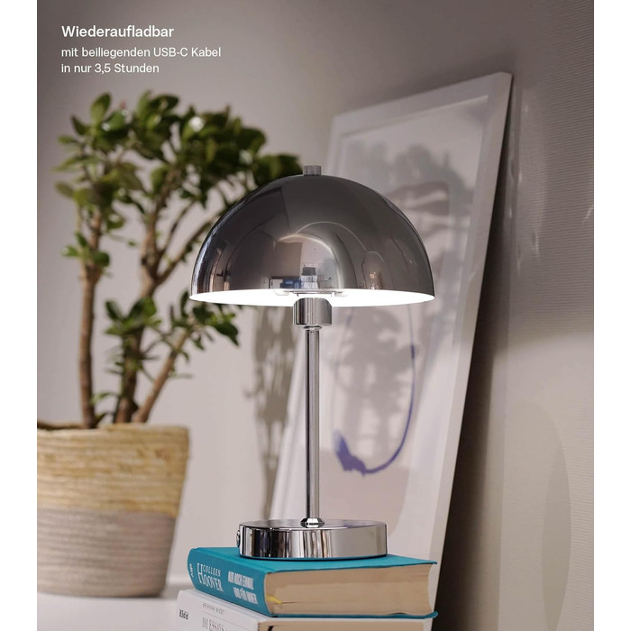 LED настільна лампа Mokebo® 'Leuchtturm' бездротова, акумуляторна, диммер, USB-C, вінтажний квітковий горщик, гриб, нічник, тауп, метал, тепле біле світло (сріблястий)