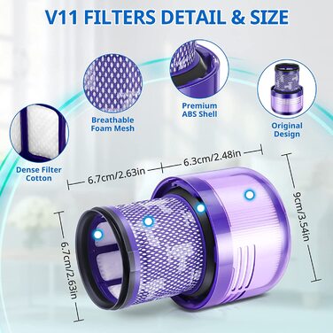 Фільтр V11 для заміни фільтра Dyson-JORAIR для заміни фільтра Dyson V11 Animal / Absolute / Torque Drive/Fluffy / Complete Pro V15 виявляє SV14 акумуляторний пилосос, що миється фільтр HEPA dy-970013 - 02 і 97001302 (3 шт.)
