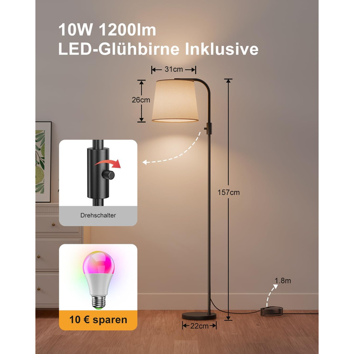 Світлодіодна торшер DUSKTEC RGB для вітальні, смарт-лампа з димером, керування через додаток, тепле та холодне біле світло, 10W, 1200LM, аркова лампа для читання, приліжкова лампа