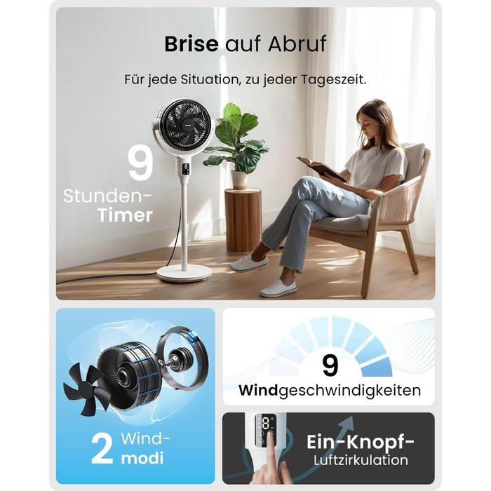Вентилятор Pro Breeze AirFlo Standventilator 109см з пультом керування та LED-дисплеєм – 2 режими, осциляція, 29 дБ, регульована висота, енергоефективний для спальні, офісу та дому