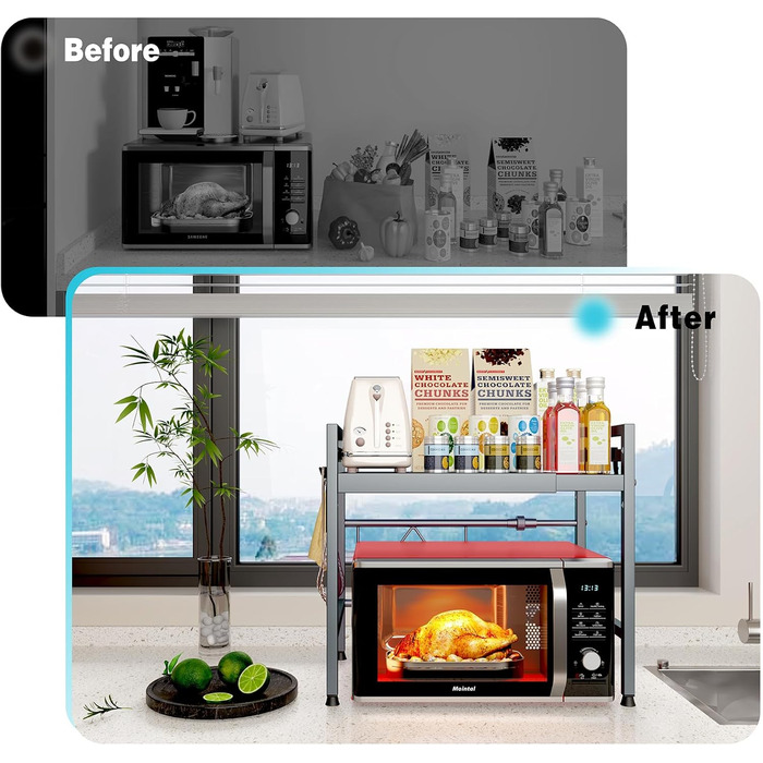 Регульована полиця для мікрохвильової печі, розширювана підставка-органайзер для кухні, міцний металевий каркас, з 8 гачками (2-рівнева, сіра)