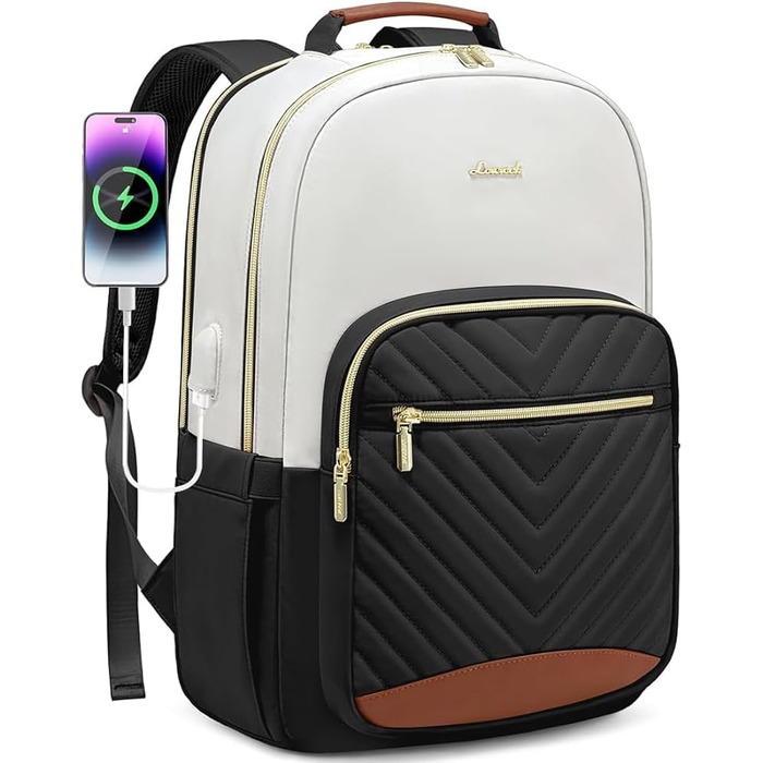 LOVEVOOK Рюкзак для жінок, великий, 15.6 дюймів, сумка для ноутбука, водонепроникний, шкільний рюкзак, для дівчаток-підлітків, чорний, елегантний, для роботи, навчання, подорожей (15.6 дюймів, бежево-чорний-коричневий)