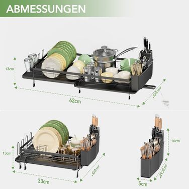 Сушарка для посуду ROTTOGOON розширювана, чорна: складана стійка з нержавіючої сталі, зливний жолоб та відділення для столових приборів