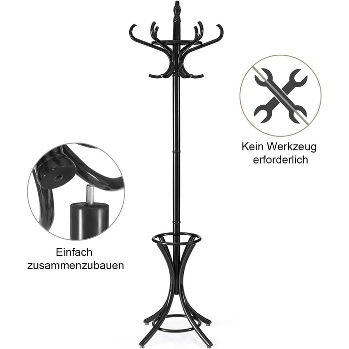 Стойка для одягу GIANTEX з підставкою для парасольки, дерев'яна, 12 гачків, для прихожей/вітальні (чорна)