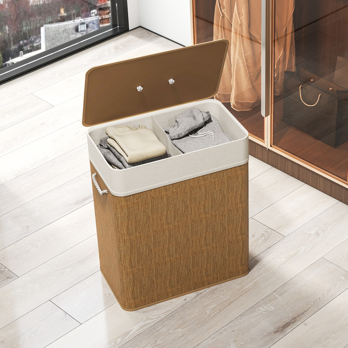 Кошик для білизни HOMCOM з бамбука з кришкою, об'ємом 100 л, з ручками з мотузки, знімний мішок для білизни, сортер для білизни для пральні, спальні, ванної кімнати, коричневий | Aosom
