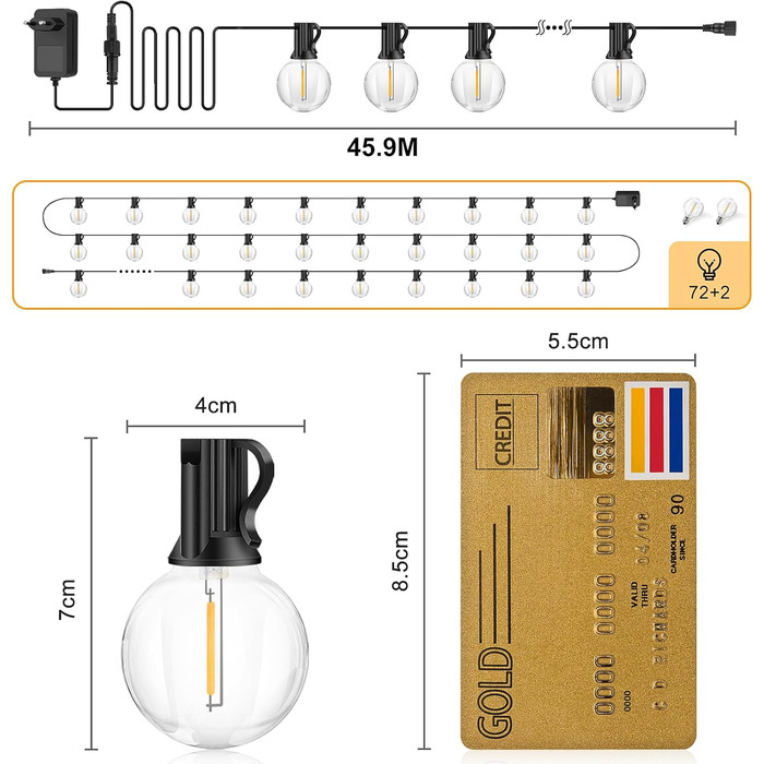 Світлодіодні струнні світильники для вулиці 48 лампочок, стійкі до погодних умов, з можливістю затемнення, теплий білий, ретро для декору (45,9 м), 30M