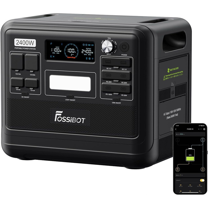 Портативна електростанція FOSSiBOT F2400: 2048Wh LiFePO4, 2400W (4800W пік), 230V, 3 виходи AC, для дому, кемпінгу та резервного живлення