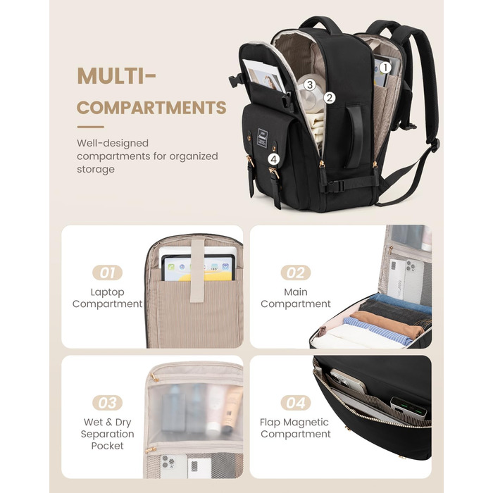 LOVEVOOK Рюкзак для ручної поклажі, жіночий рюкзак для подорожей, водонепроникний рюкзак для ноутбука 17 дюймів, шкільний рюкзак для жінок/студенток, чорний/коричневий (45x32x15 см)