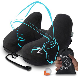 Надувна подушка для шиї FLOWZOOM надувна подушка для шиї в літаку, автомобілі, поїзді - швидко надувна, підтримує шию і підборіддя, з м'яким оксамитовим чохлом (Сірий) (2) чорний-Розмір L)