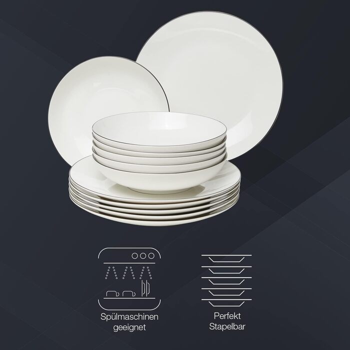 Набір посуду на 6 осіб, 18 предметів, білий з чорним обідком (Tafelservice). Включає: 6 тарілок для десерту, 6 кавових чашок, 6 підставок під кавові чашки.