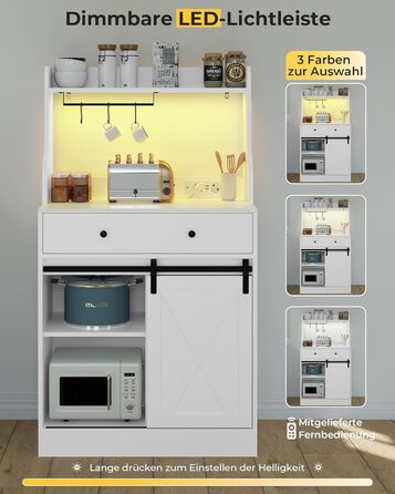 Буфет-шафа з робочою поверхнею, велика шухляда, регульовані полиці, 3 гачки, LED-підсвічування, для кухні, вітальні, їдальні (білий)