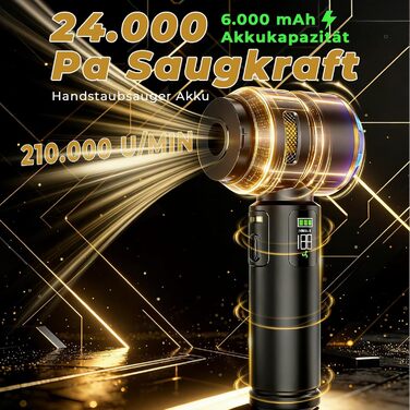 Акумуляторний ручний пилосос HOVIN для авто та дому, потужність 24000 Па, 3 режими роботи, бездротовий, чорно-золотий