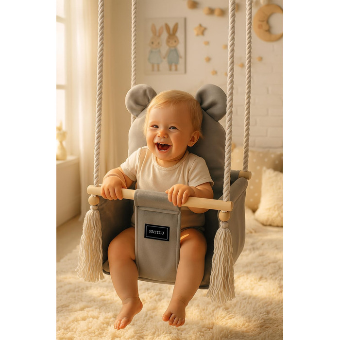 NATILU® Дитяча гойдалка для дому та саду | Велюр Сірий Ведмідь | Дерев'яна гойдалка | Гойдалка для малюків | Гойдалка для саду | Гойдалка для дітей від 6 місяців