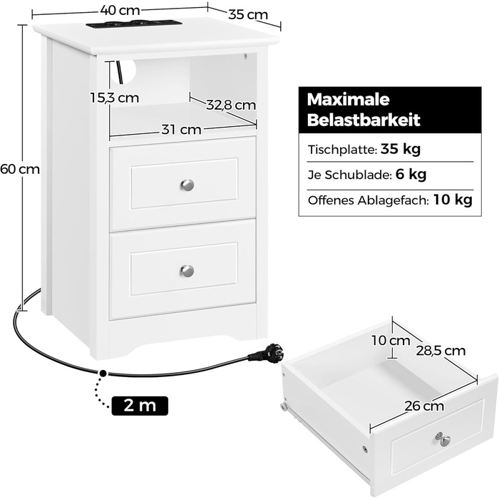 Приліжкова тумбочка Yaheetech з 2 ящиками, відкритою полицею, розеткою та USB, біла