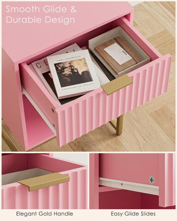 Приліжкова тумбочка з відкритим відсіком, журнальний столик для вітальні та спальні (горіх), 40 x 30 x 60 см, рожеве фетрове покриття