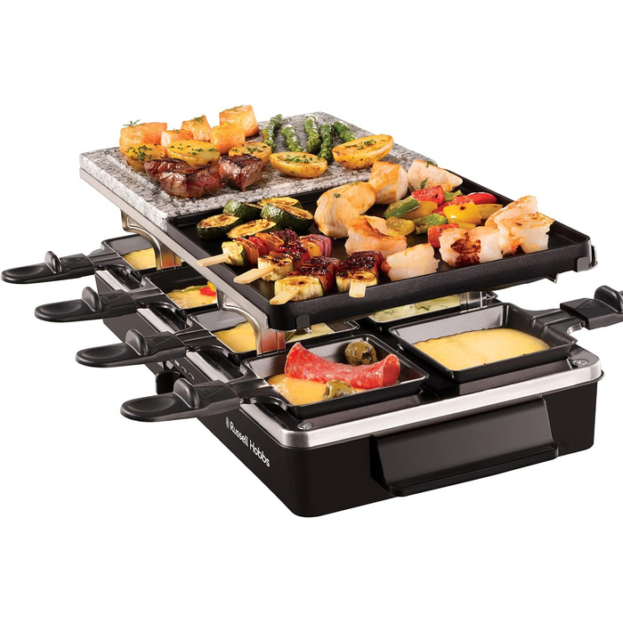 Ракуетниця Russell Hobbs Raclette Grill 8 осіб з 8 сковородами та дерев'яним шпателем, 2 грильні поверхні: з натурального каменю з жолобом для соку та антипригарне поворотне решітка/Teppanyaki, гриль для піци, 26280-56