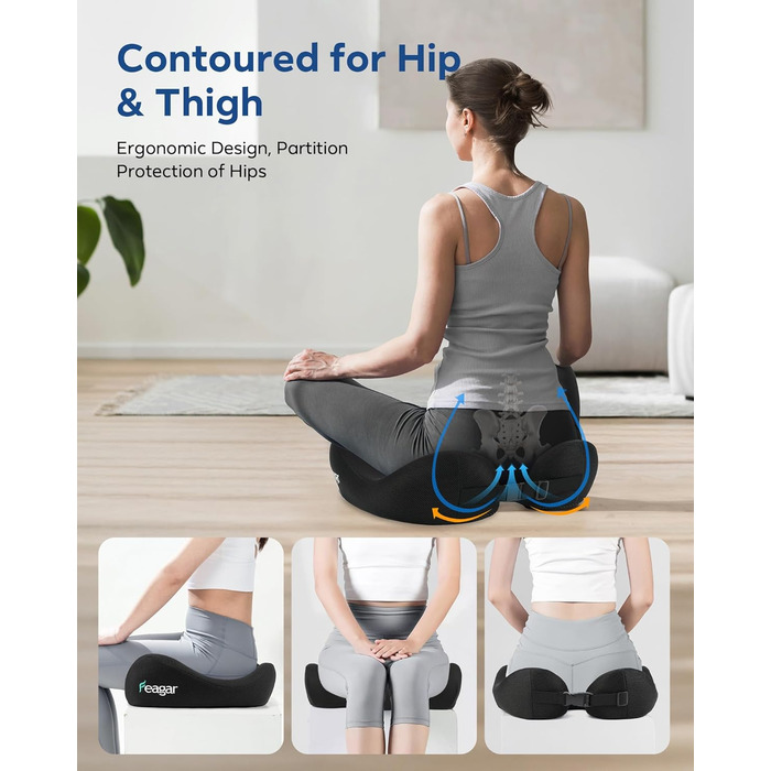 Ортопедична подушка для сидіння Feagar з memory foam - ергономічна подушка для офісного крісла, авто та дому - подушка для куприка, зняття навантаження при тривалому сидінні, неслизька (до 100 кг), чорна